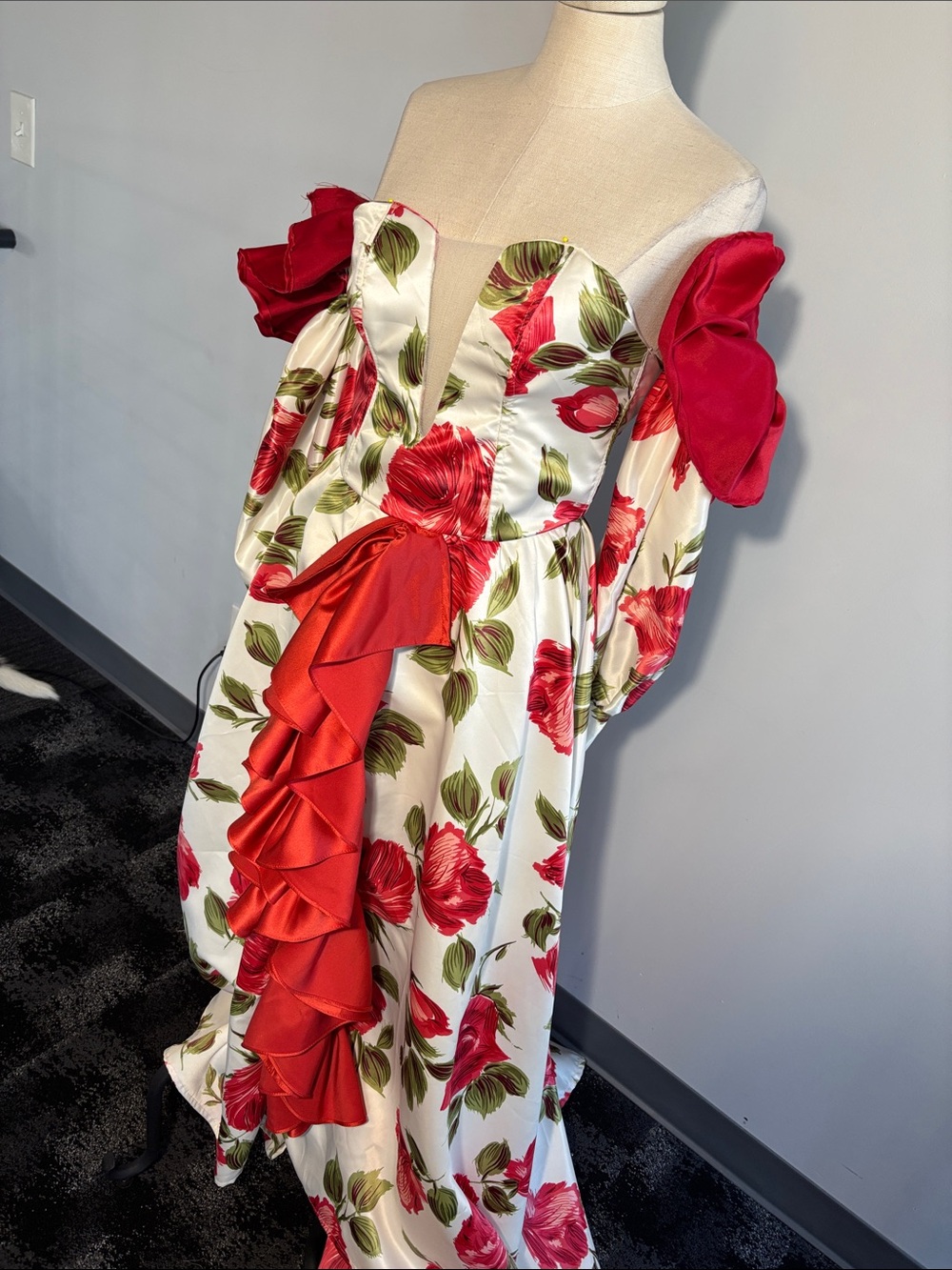 Girls Red Floral Off-Shoulder Ruffle Satin Dress